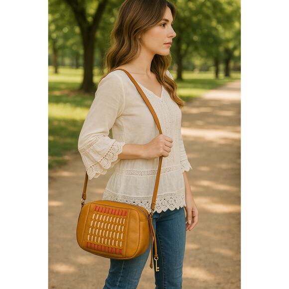 Retro Woven Leather Crossbody Fossil Tan Multicolor - Picture 1 of 10